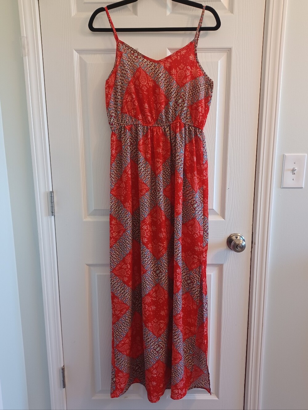 Coral Red All-Over Print Boho Strappy Summer Maxi Dress Festival
